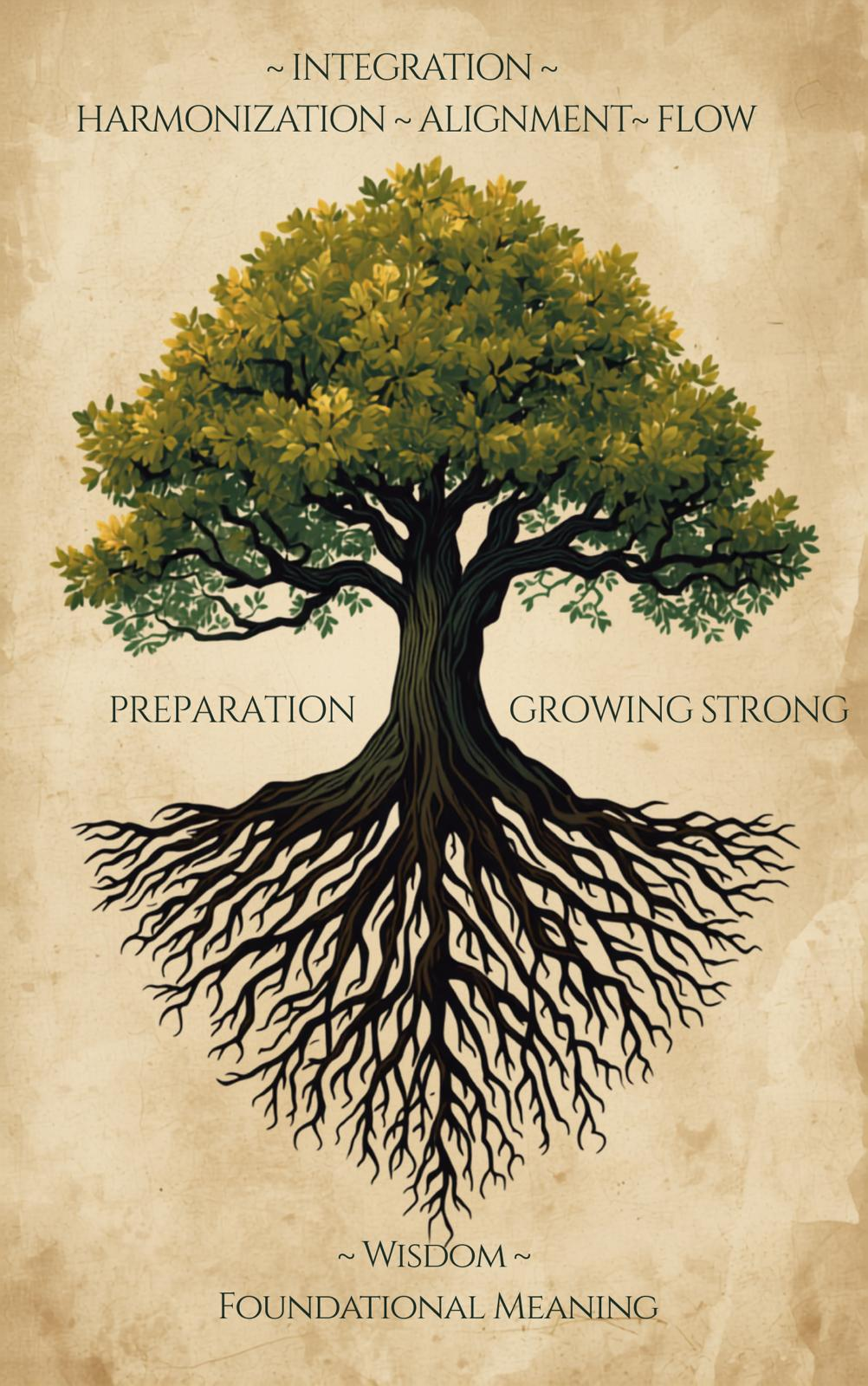 Tree diagram: Wisdom and foundational meaning at the roots, preparation and growing strong in the trunk, integration harmonization alignment and flow in the canopy